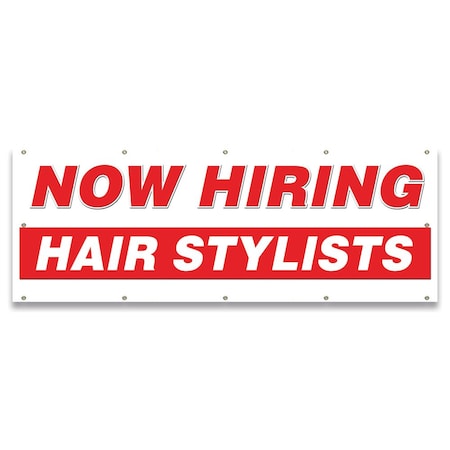 Signmission Now Hiring Hair Stylists Banner Apply Inside Accepting Application Single Sided B-120-30254
